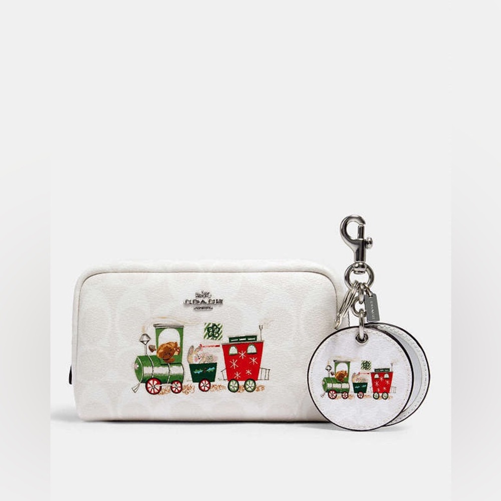 Coach Boxed Small Boxy Cosmetic Case And Mirror Bag Charm In Signature Canvas - Picture 3 of 6